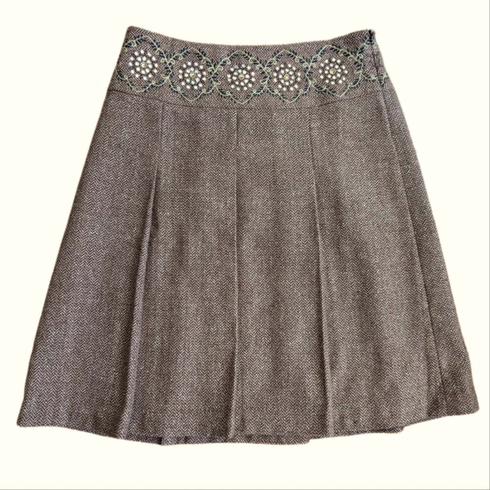 Loft Recycled Wool Herringbone Pleated Embroidered Beaded A Line  Boho Skirt